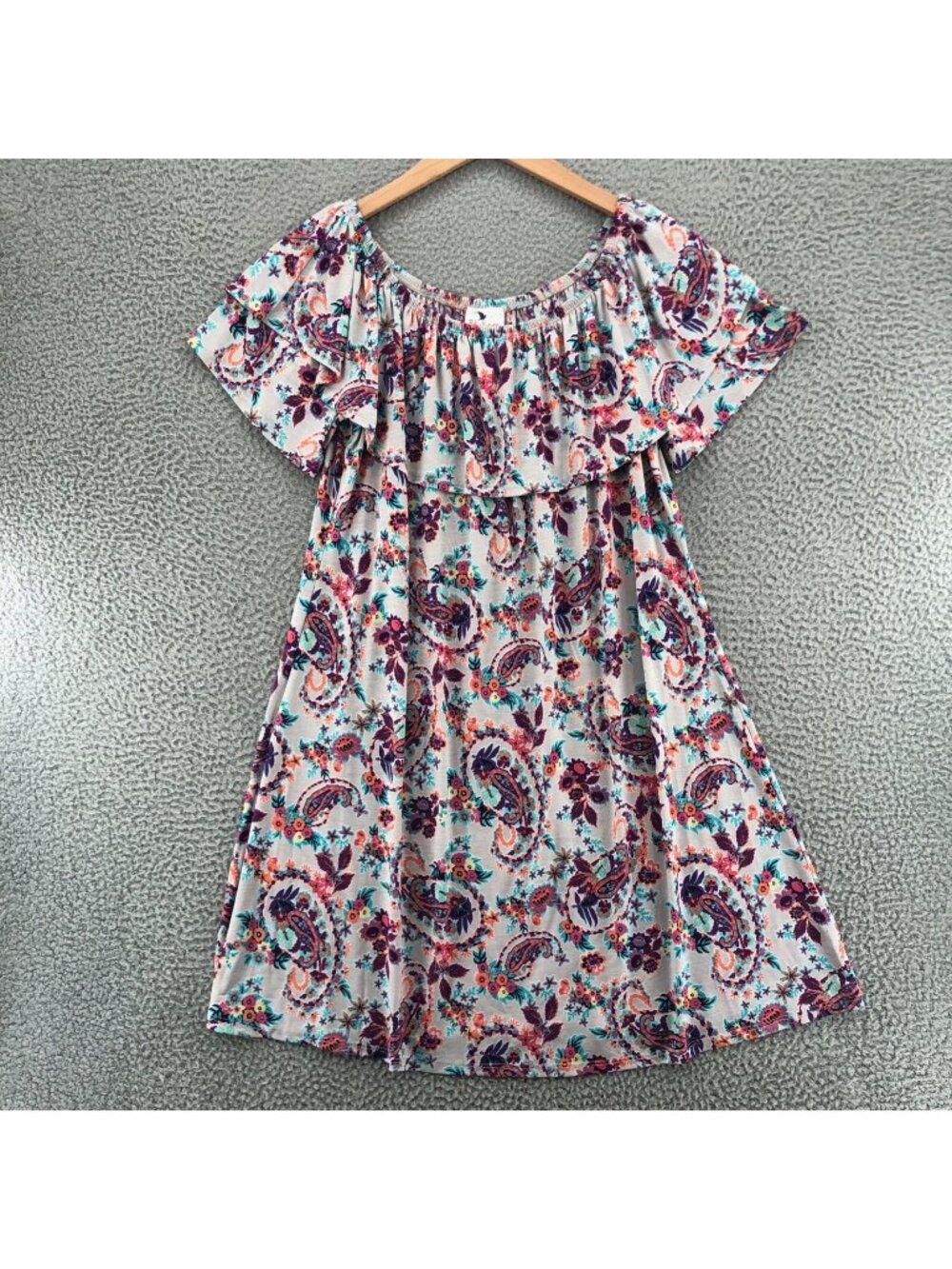 Blue Raven Dress Women Small Purple Pink Paisley Ruffle Off Shoulder Mini Shift